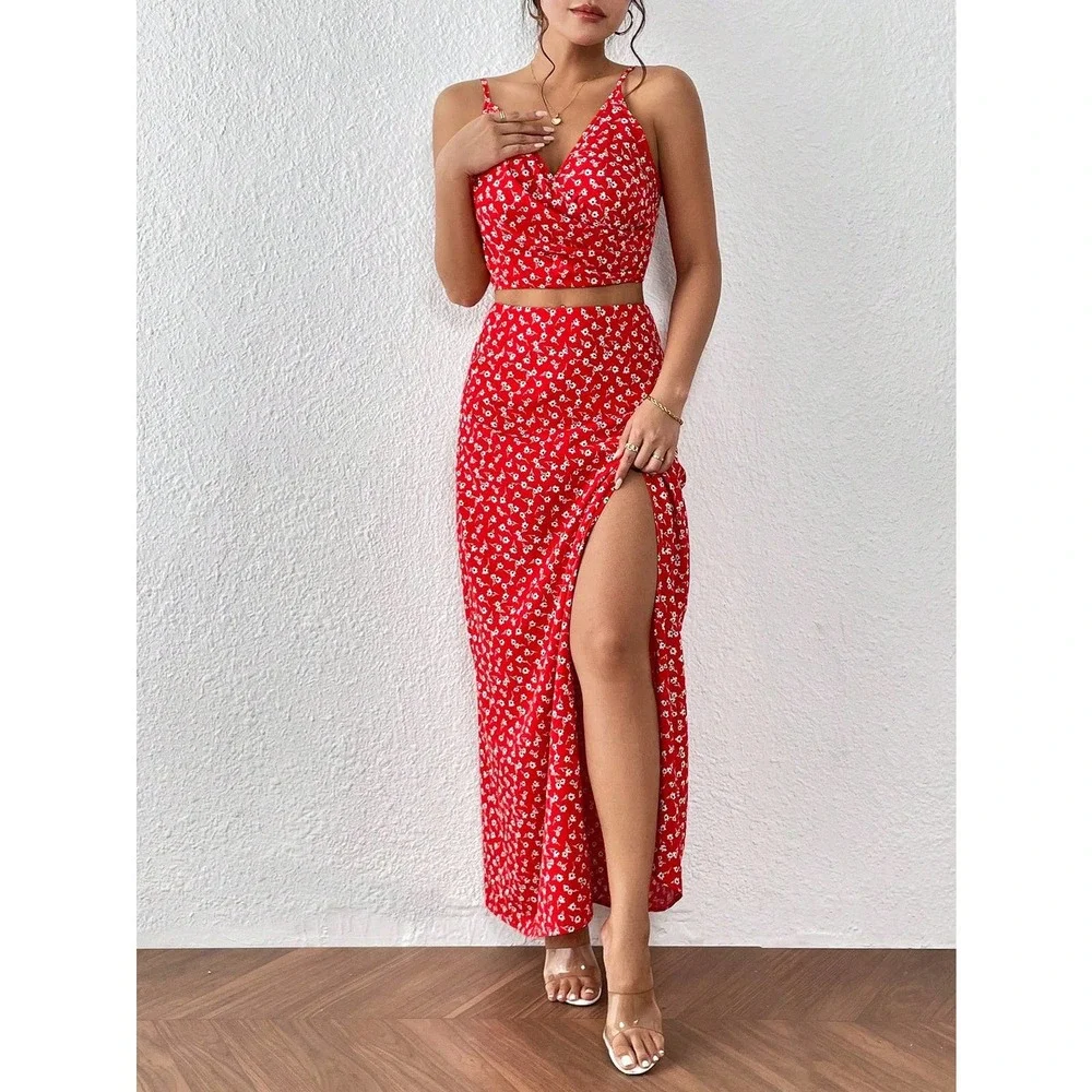 ❗️2 piece skirt set: boho Floral Print Cami Top & Split Thigh maxi Skirt - Picture 1 of 8